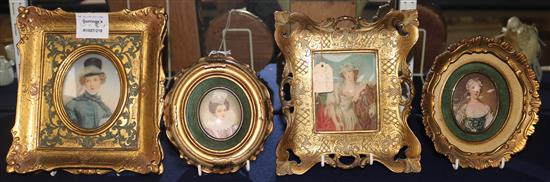 Two pairs of miniatures, portraits, in gilt frames, largest 10 x 8cm